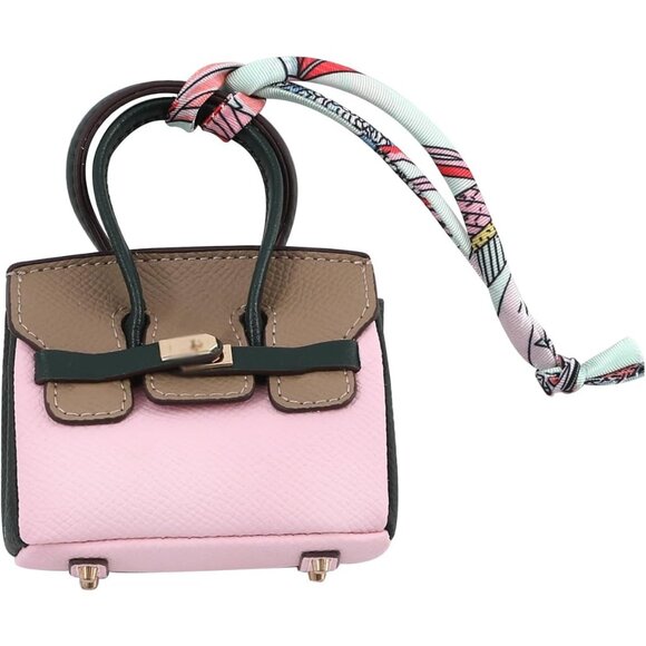 Women's Pink Gray Leather Cute Key Chain Mini Charm Clothing Pocket Tote Bag - Picture 1 of 8